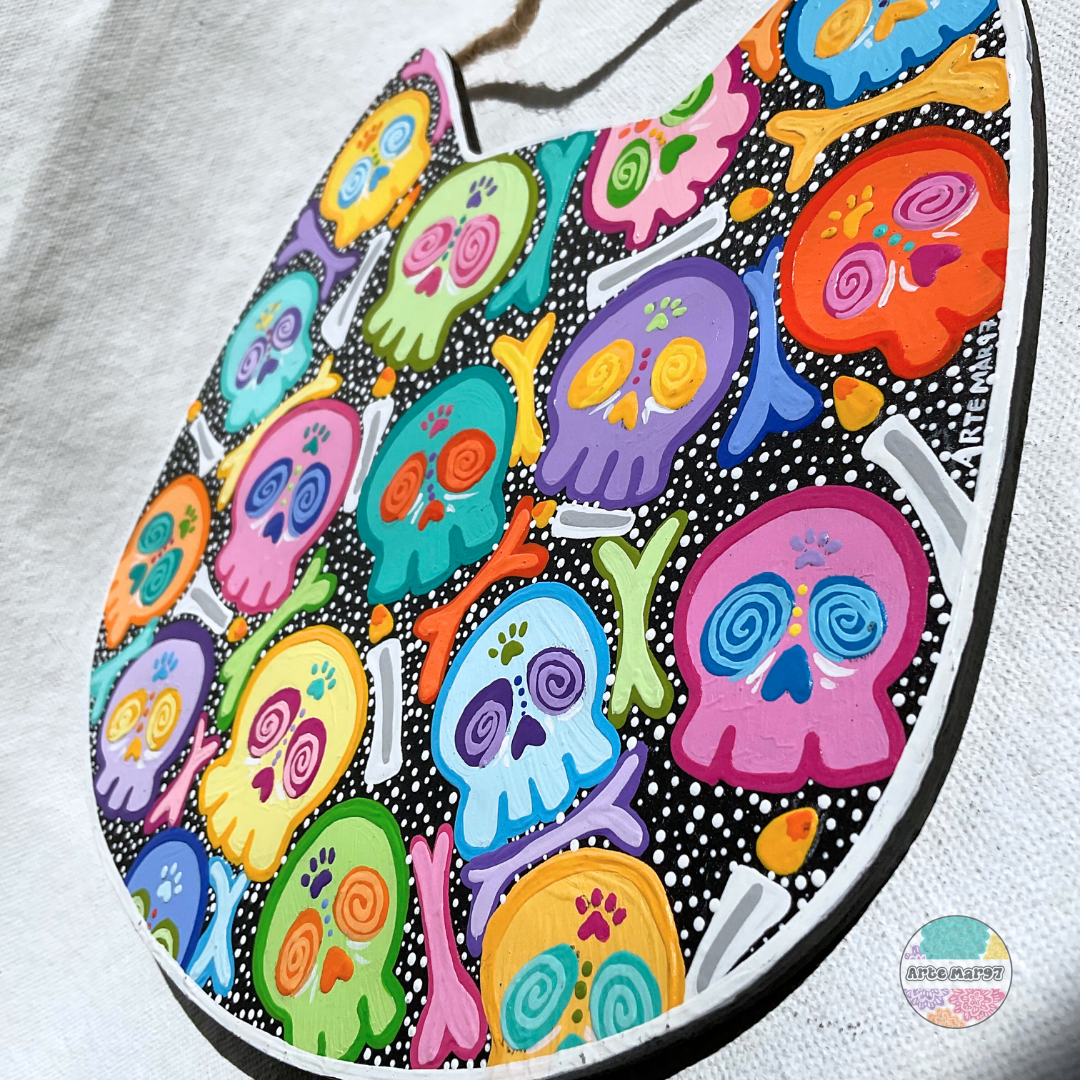 Calaveritas de Colores – Wooden Cat Plaque