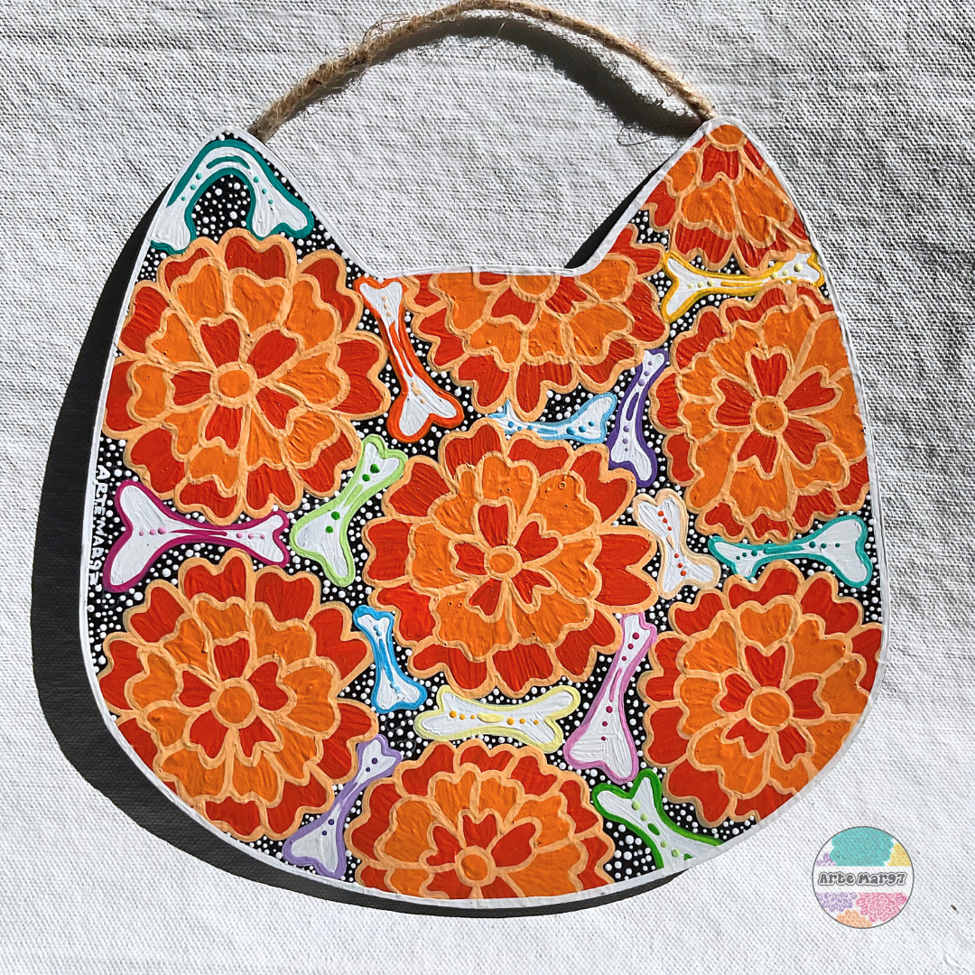Cempasuchiles y Huesitos – Wooden Cat Plaque
